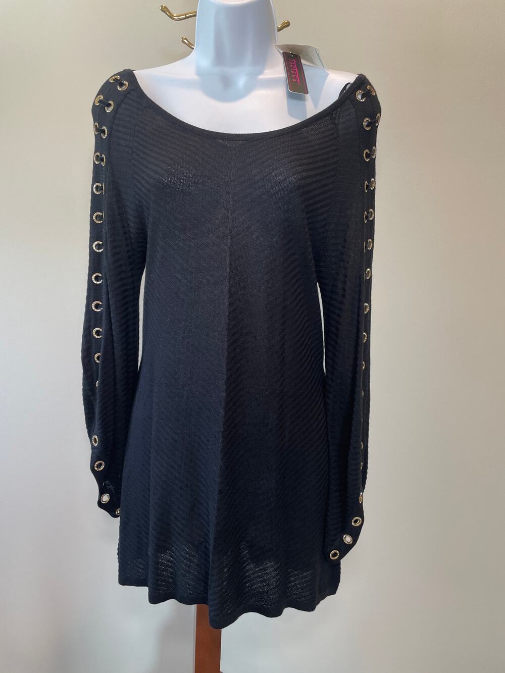 Fontana Top Black Knit Bell Sleeves Gold Detail Size M New With Tag